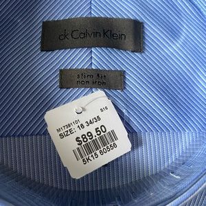 Calvin Klein Mens Dress Button Down Striped Blue Crystal Shirt 16 34/35 NWT